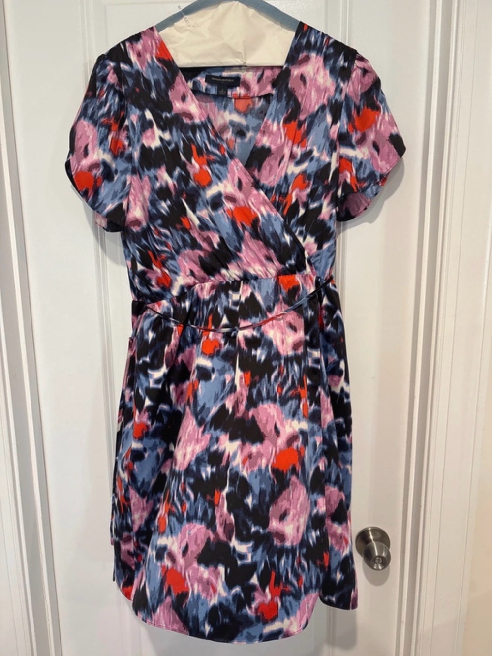 Abstract Print Wrap-Style Women's Dress in Pink and Blue